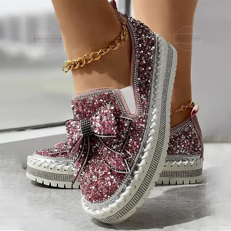 

Loafers Women's Bowknot Design Platform Sequin Loafers Flats Women Flat Platform Wine Red Shoes Crystal Sequined Bow Shoes