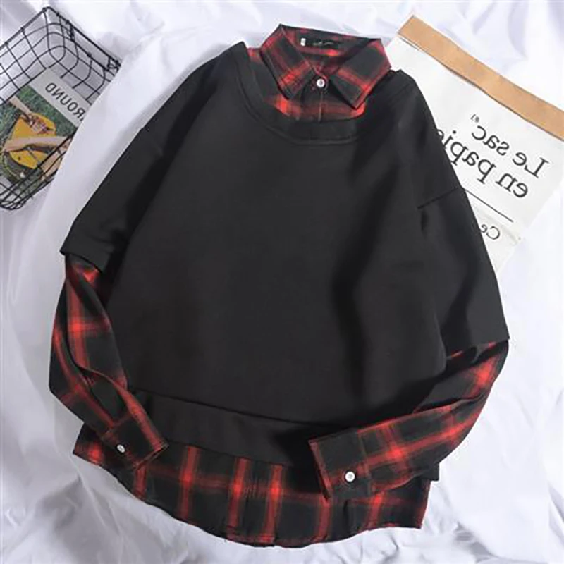 Fake Two Spliced Plaid Print Long Sleeve Men Sweatshirt Korean Fashion Casual Harajuku Oversized Couples T Shirt High Street Top