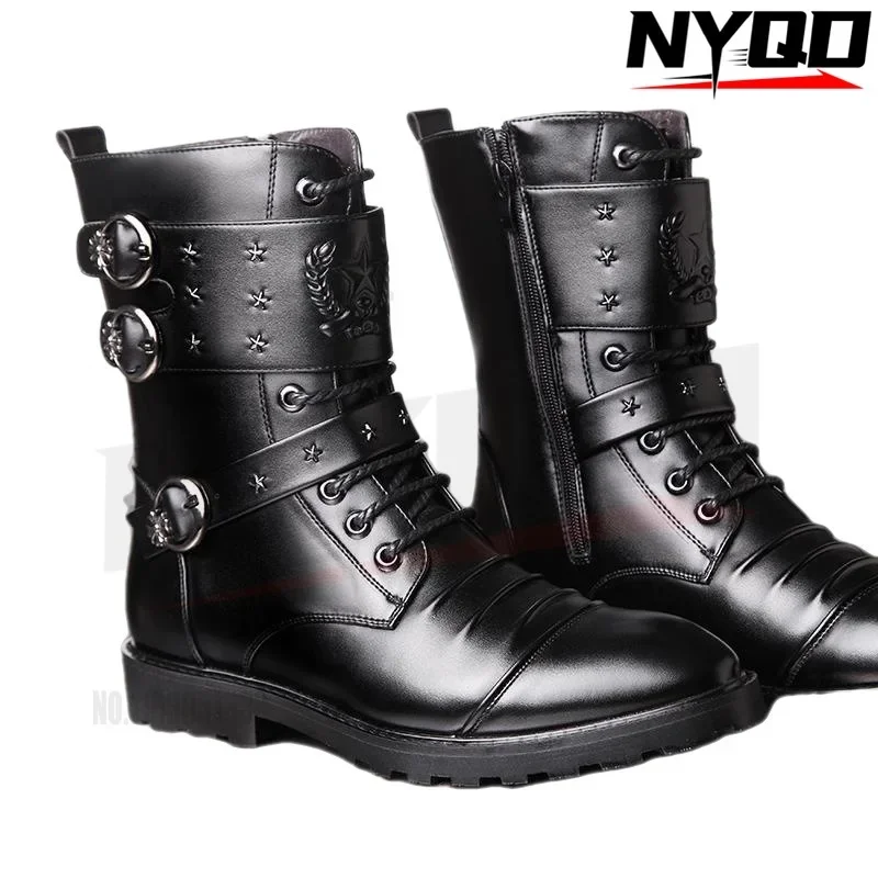 Men's boots winter warmth velvet function metal high-tube cycling boots height-increasing shoes motorcycle black 37-48