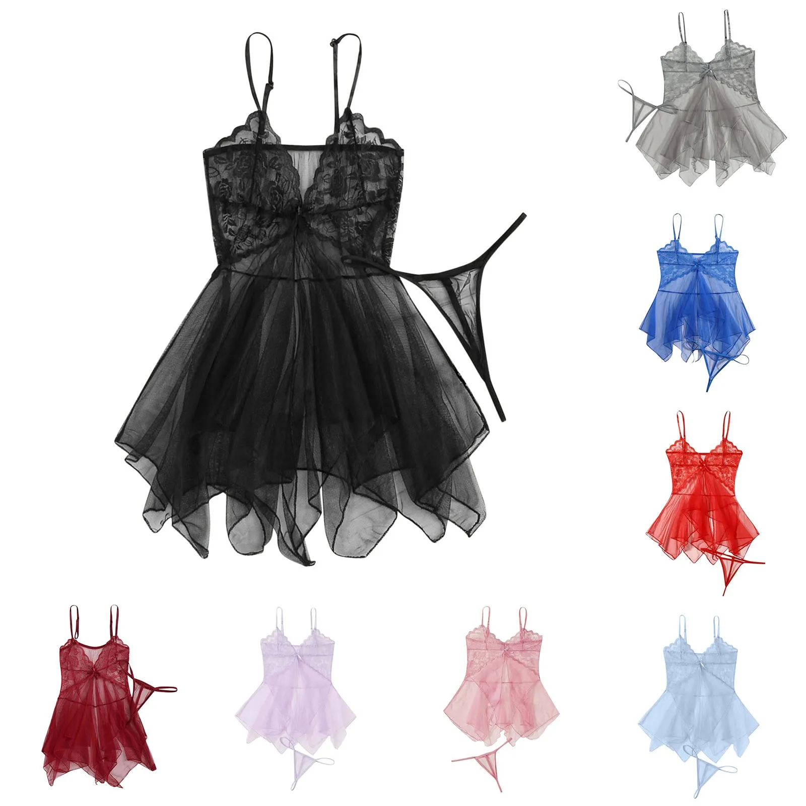 Women Nightgowns Women's Sleepwear Lace Ultra thin Spaghetti Strap Nightwear See-Through nightdress