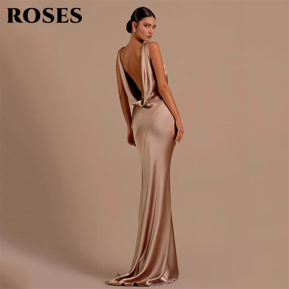 ROSES Elegant Simple Champagne Prom Dress Deep V-Neck Pleats Draped Evening Dress Sexy Mermaid Satin Party Dress Backless 프롬드레스