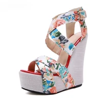Aneikeh Flower Totem Designer Buckle Strap Platform Wedges Sandals Women Fashion Silk Open Toe High Heels Banquet Party Shoes