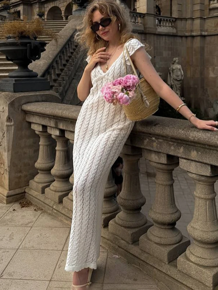 Tuularose Ruffle Knit Dress Sexy V Neck Sleeveless Ruffle Backless Knit  Long Dress Elegant Luxury Y2k Women's Evening Dresses - AliExpress 200000345
