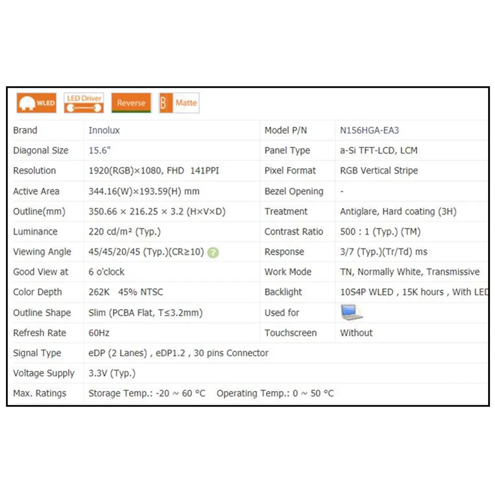 N156HGA-EA3 REV.C6 DISPLAY LCD 15,6 1920x1080 LED 30