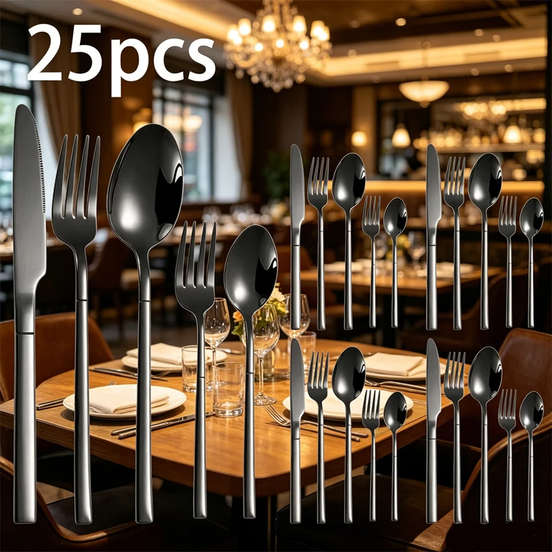 25피스 나이트 스테인리스 스틸 수저 세트, 거울처럼 광택 처리된 수저, 가족 ..