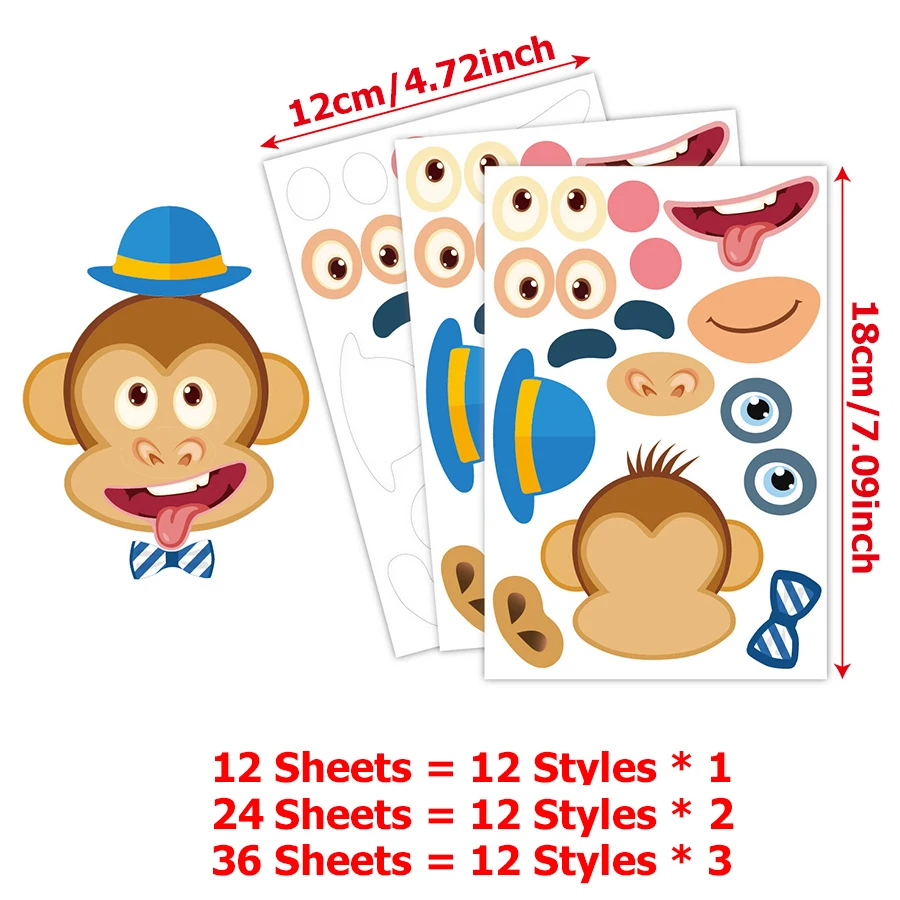 12Sheet/set Make a Face DIY Puzzle Stickers 4 Styles Available 12 Different Patterns Cute Animals Changing Stickers  Kids Toys 6