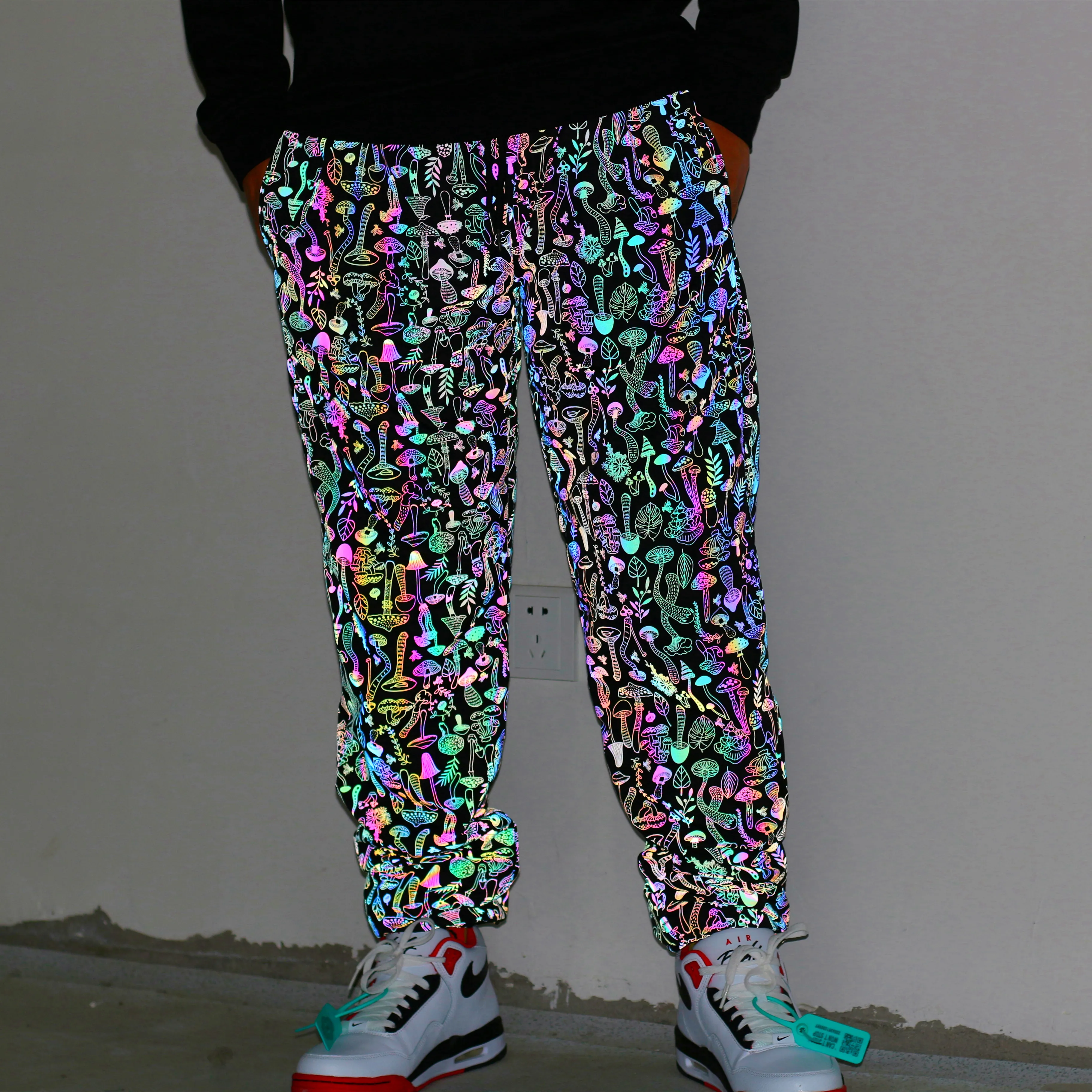 2022 Cartoon Mushroom Colorful Reflective Pants Mens Hip Hop Casual Pants  Night Reflect Rainbow Color Light Trousers