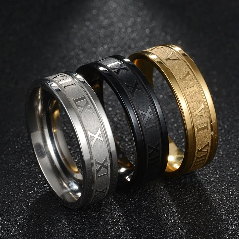 Freeteeme Vintage Roman Numbers 6mm Width Ring Wedding Fashion Stainless Steel Couple Rings for Woman Men Jewelry Birthday Gifts 4