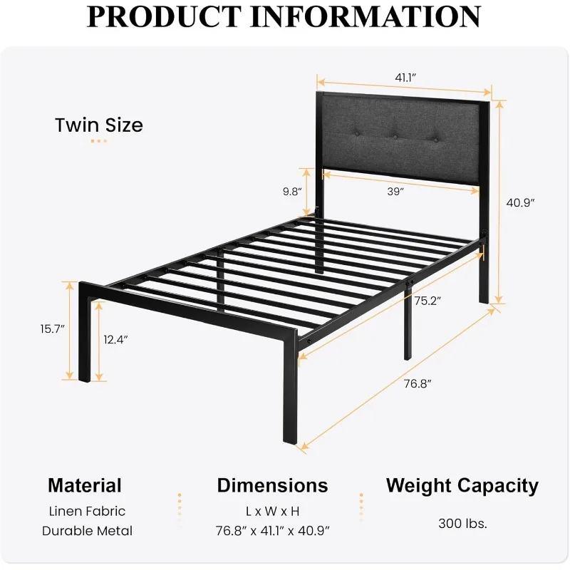 Twin Size Platform Bed Frame with Upholstered Headboard, Metal Slats Support, Button Tufted Square Stitched Headboard 2