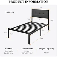 Twin Size Platform Bed Frame with Upholstered Headboard, Metal Slats Support, Button Tufted Square Stitched Headboard 2
