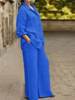 Ensemble 2 pièces en coton et lin pour femmes, chemise à manches longues, jambe large, mode féminine, bureau, printemps, automne 6