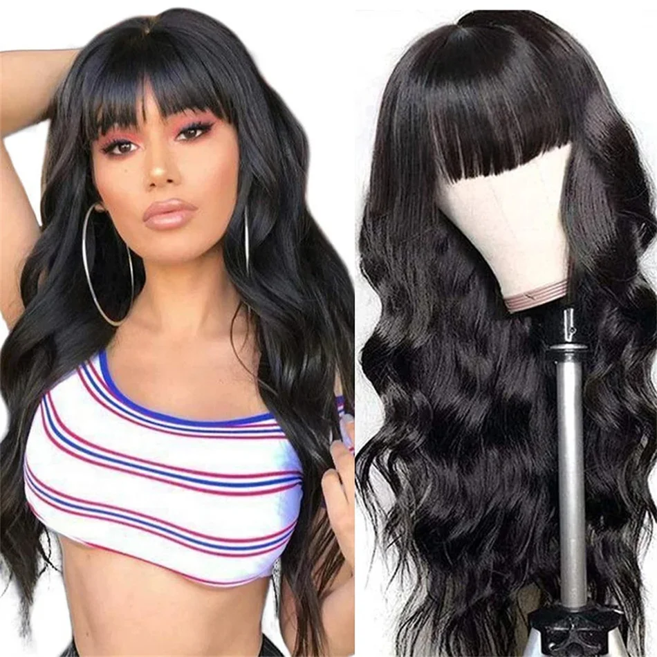 

Body Wave Wigs with Bangs Human Hair None Lace Front Wigs Brazilian Virgin Hair Machine Made Wigs Human Hair Wigs Natural Color