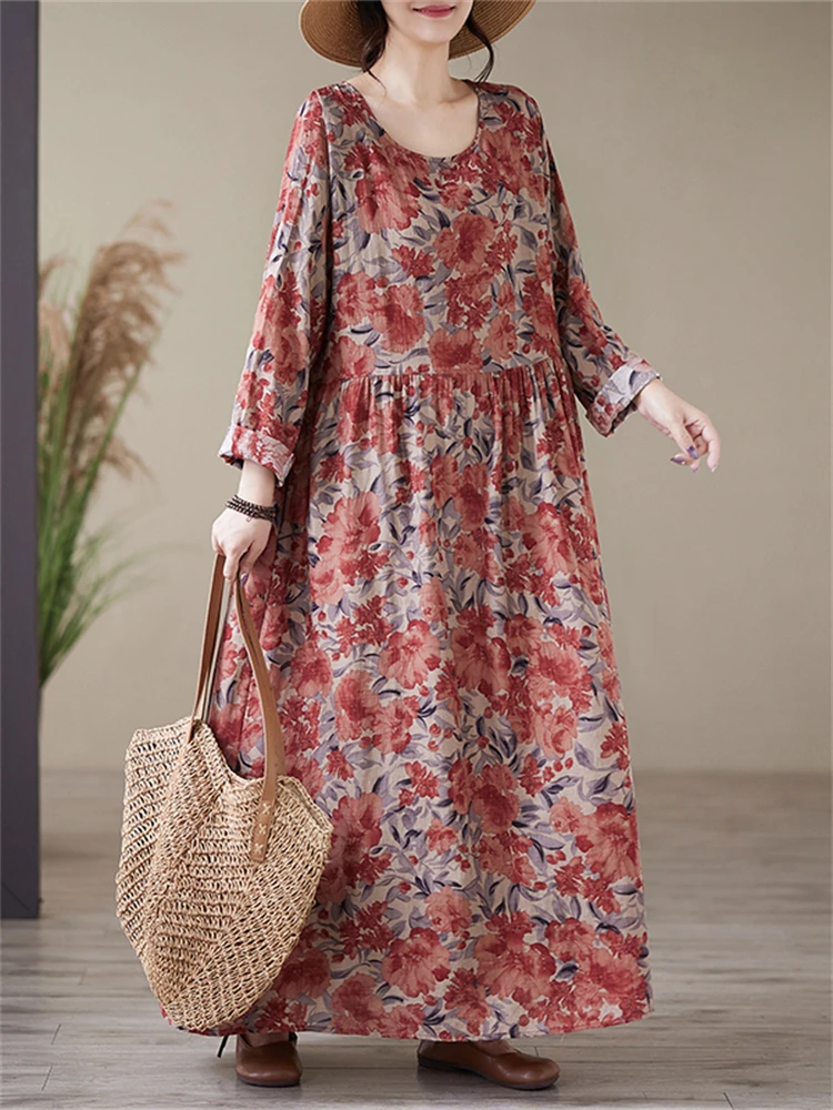 2025 Spring Autumn Cotton Vintage Print Dresses For Women Casual Loose Long Sleeve Dress Femme Robe Vestidos Fashion Clothing
