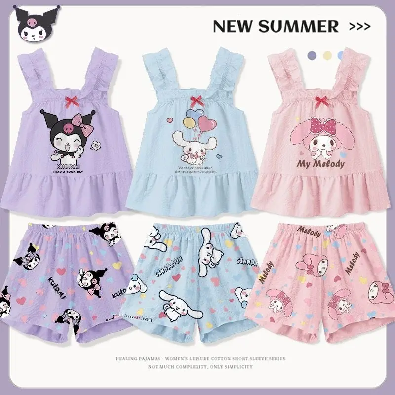 

Детский пижамный комплект Sanrio Kuromi в стиле мультфильма Cinnamoroll, милая летняя Домашняя одежда с коротким рукавом для девочек и мальчиков, подарок для детей