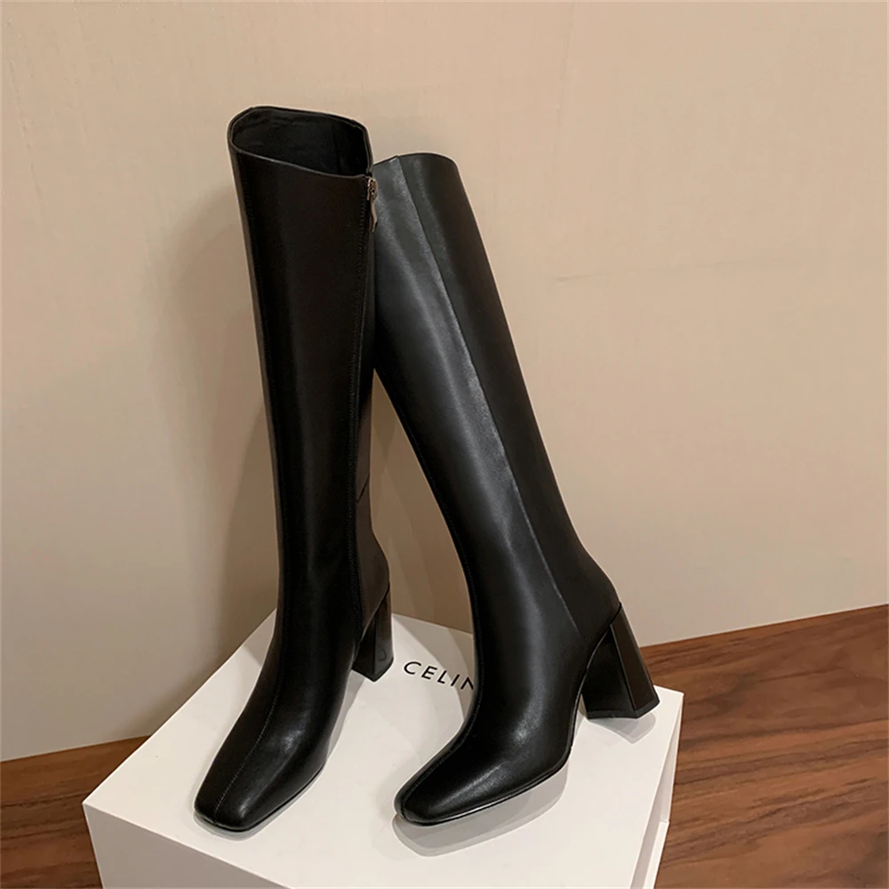 

Ladies Knee High Boots Square Toe Chunky High Heels Side Zipper Ladies Fashion Long Boot Autumn Winter Shoes Long Boots For Wome