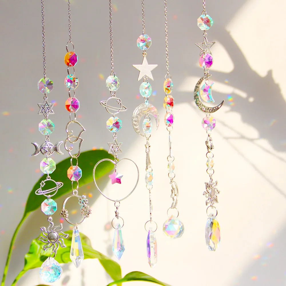 Silver Planet Theme Suncatcher Sun Moon Star Crystal Pendant Sun Catcher Home Outdoor Garden Decoration Wedding Party Decor Gift