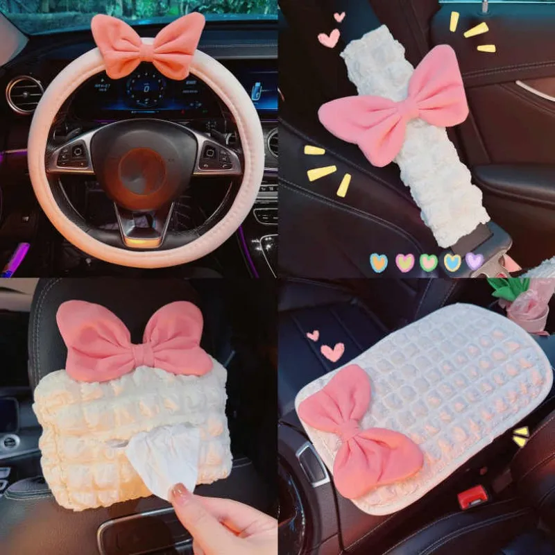 Cute Pink Bow Car Shoulder Protector Summer Car Tissue Box Cover Seat ...