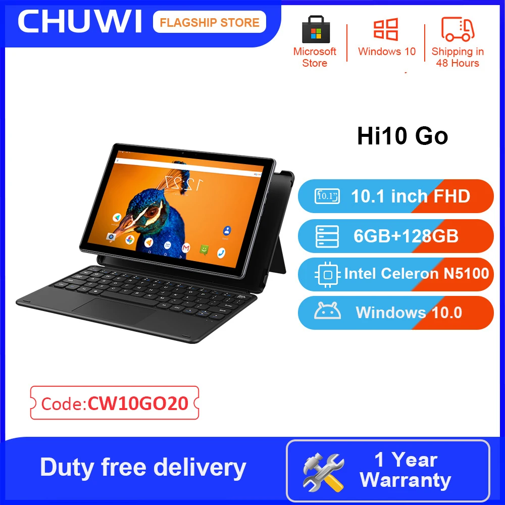 CHUWI Hi10 Go Tablet Intel Celeron N5100 Windows 10 FHD1920x1200 IPS Screen 10.1inch 6GB RAM128GB ROM Micro-HD Tablet PC