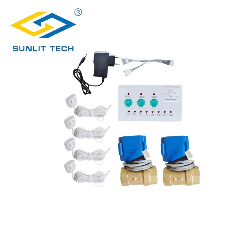 

Water Leak Detector Alarm System with 2pcs DN25 Smart Valve 4pcs Leakage Sensor Cable for 1" Pipe Anti Overflow Protection