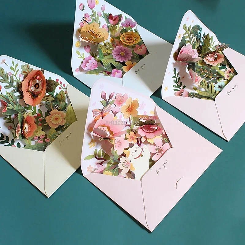 1Set Romantic Flower Birthday Christmas Card 3D Pop-up Greeting Cards Set Postcard Party Wedding Decorations Creative Girl Gifts