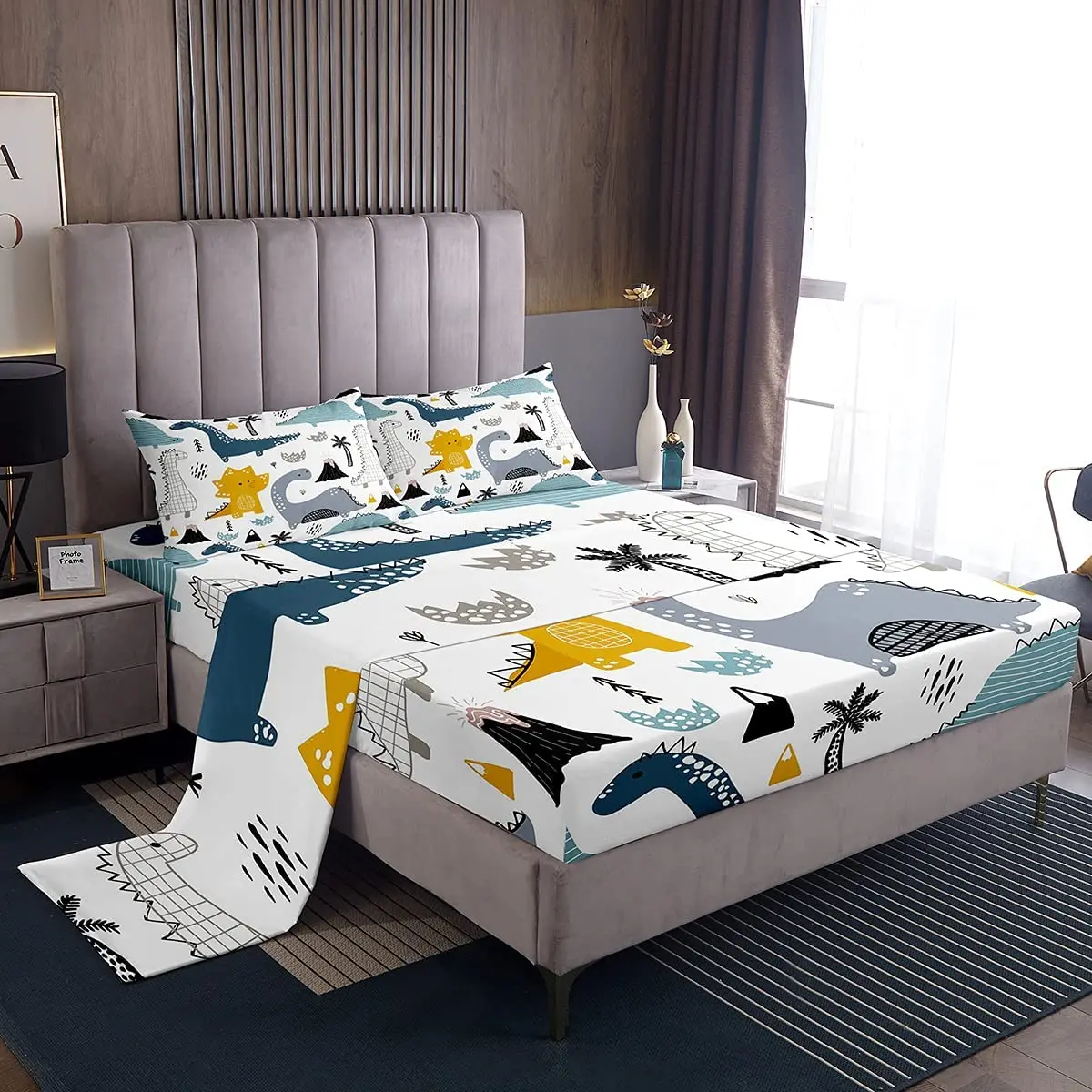 

Dinosaur Bed Sheets Cute Cartoon Animal 4Pcs Kawaii Sheet Set, Deep Pocket Fitted Sheet + Dinosaur Flat Sheet + 2 Pillow Shams