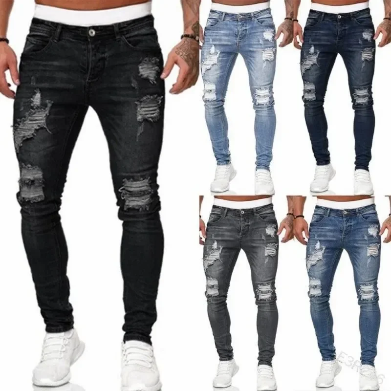 Retro Ripped Pencil Small Foot Skinny Jeans for Men Motorcycle Streetwear Stretch Straight Casual Slim Jeans Male