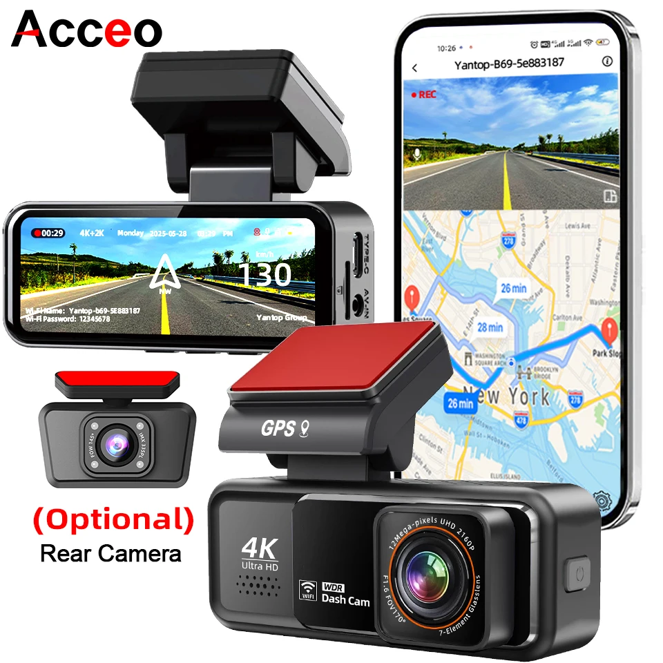 4K داش كام المدمج في واي فاي GPS HD للرؤية الليلية مسجل قيادة حلقة تسجيل دعم APP التحكم 24H مراقبة مواقف السيارات