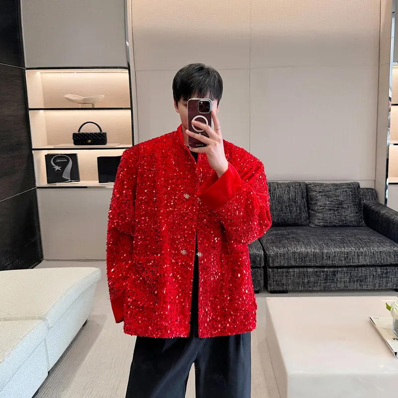 Fashion Spring New Red Suit Men's New Chinese Sequined Fried Street Jackets Trendy Male Long Sleeve Pocket Single-Breasted Coats
