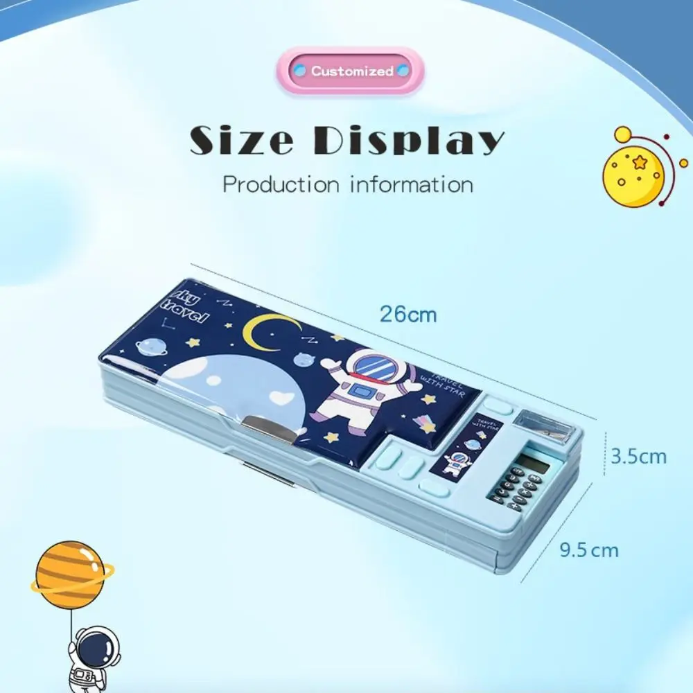 Dual-Sided Fun Mechanism Plastic Pencil Case with Built-In Calculator and Sharpener