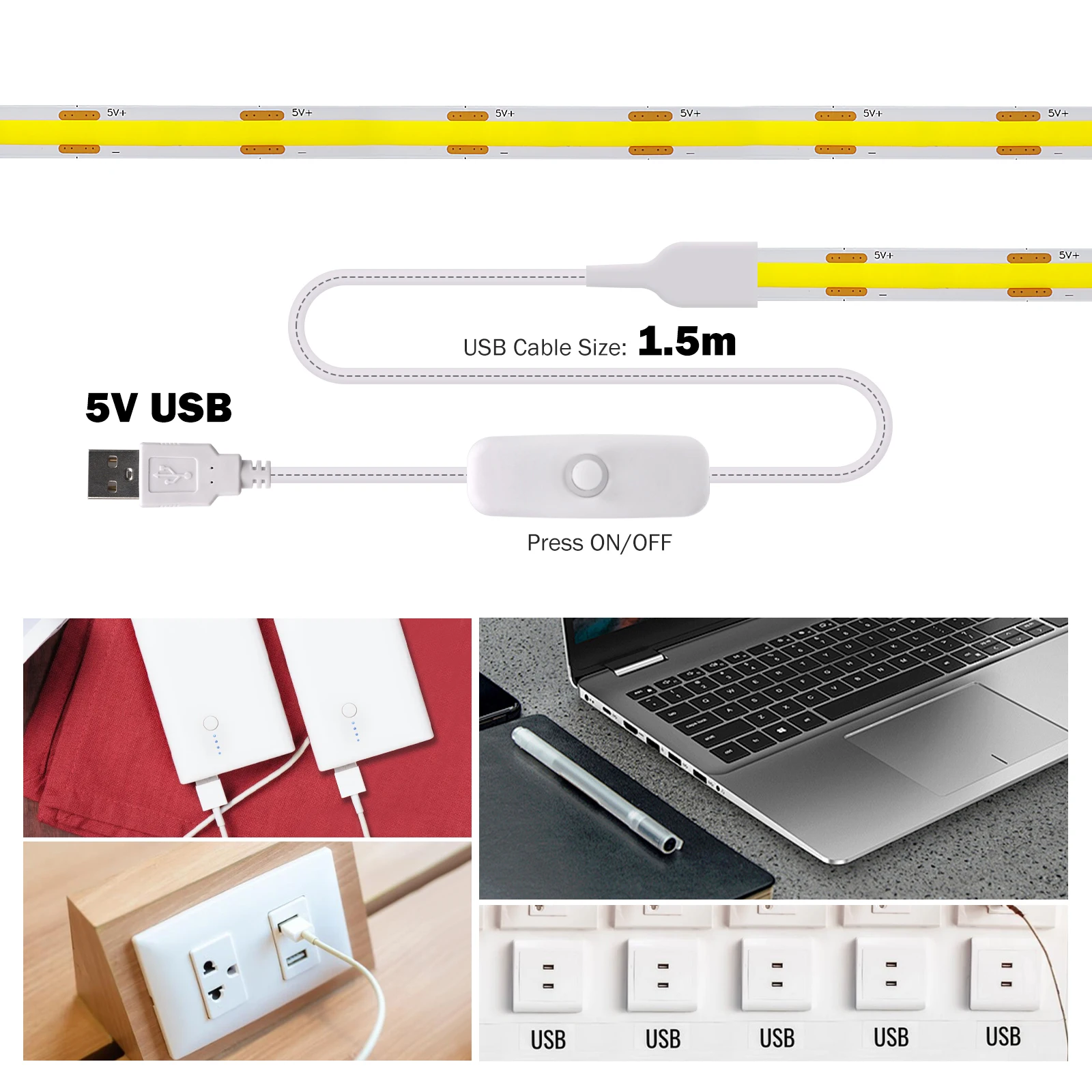 0.5m/1m/2m/3m/5m COB LED 스트립(1.5M ON/OFF 스위치 포함) 5V USB LED 라이트 스트립 320LED/m 방용 유연한 리본 접착 테이프