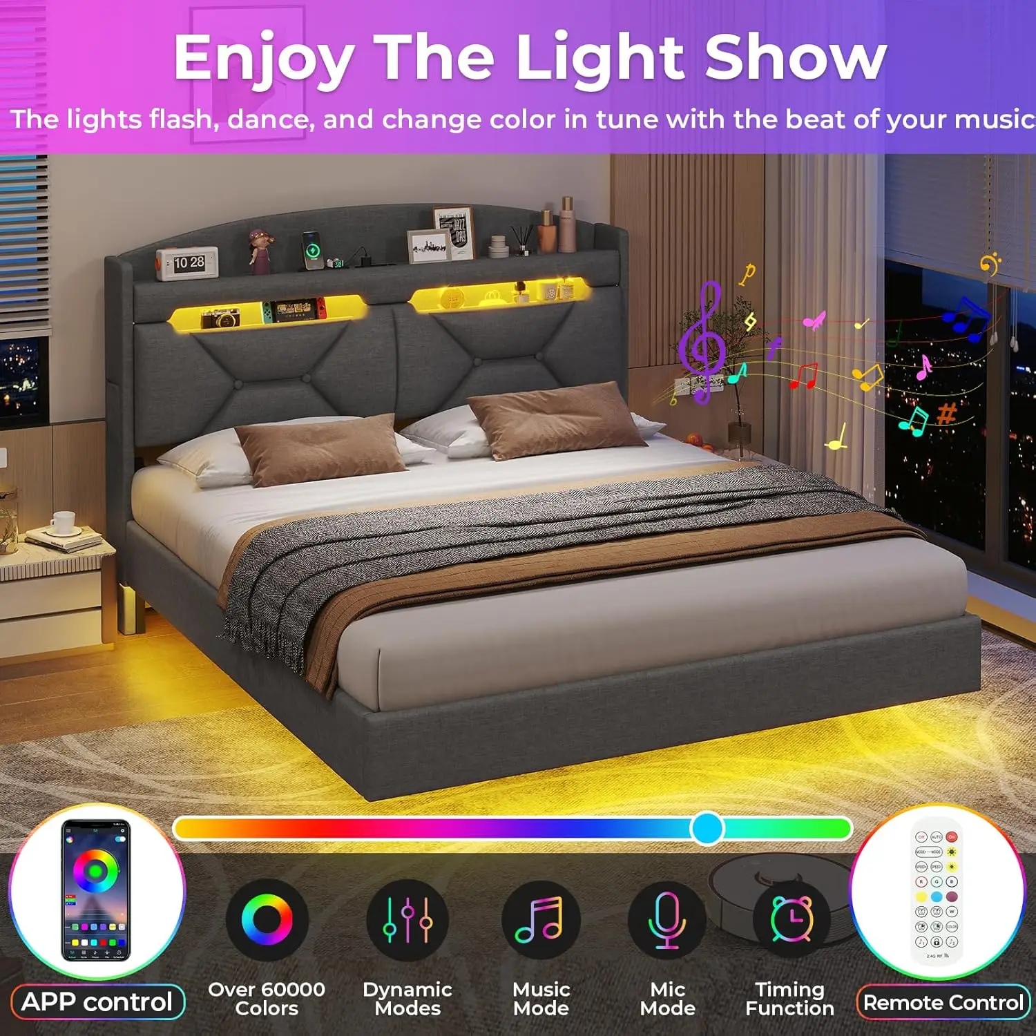 Floating Queen Bed Frame with Charging Station & Hidden Storage Headboard, RGB Floating Platform Bed Dark Grey 6