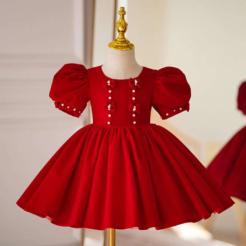 

Kids Classic Bow Ball Gown Beading Puff Sleeve Flower Girl Dress Children Knee-Length Birthday Party Vestidos Performance Wear