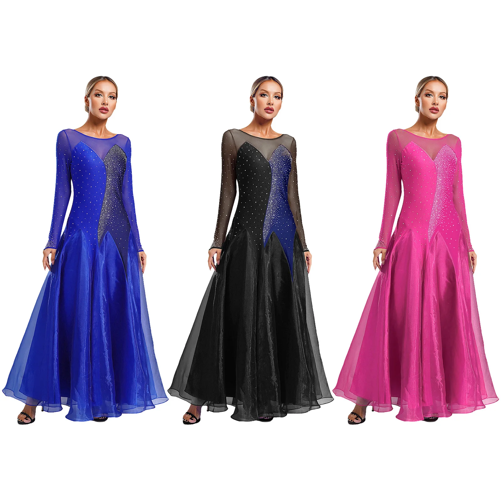 Women Dance Skirt Women Glittery Rhinestones Decor Ballroom Waltz Tango Dancewear Ladies Evening Party Long Dresses Ball Gown Performance Costume