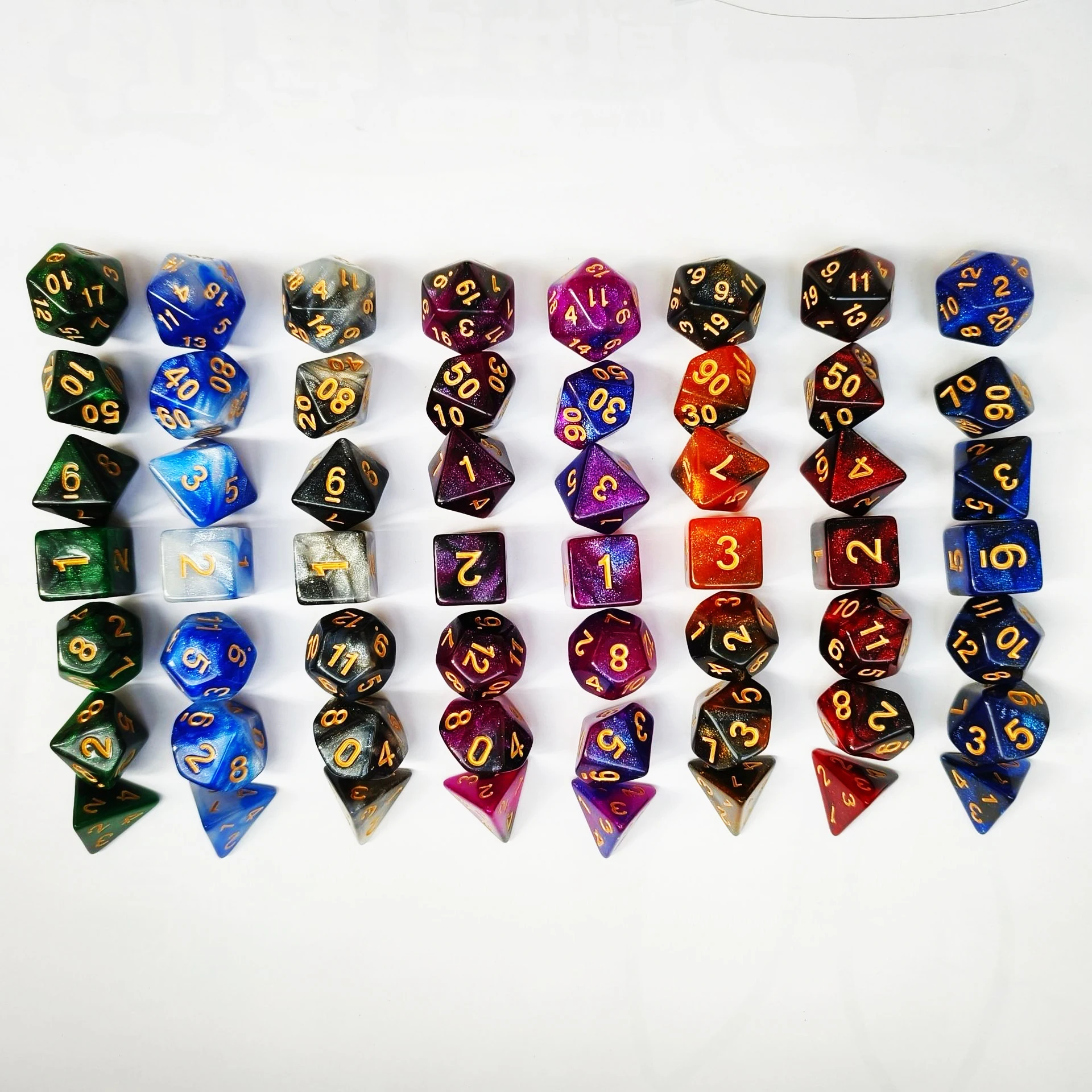 Mixed Color Glitter Dnd Dice 7-Piece Set D4 D6 D8 D10 D10% D12 D20 for Rpg Role Playing Game Math Teaching game dice dice set acrylic dice