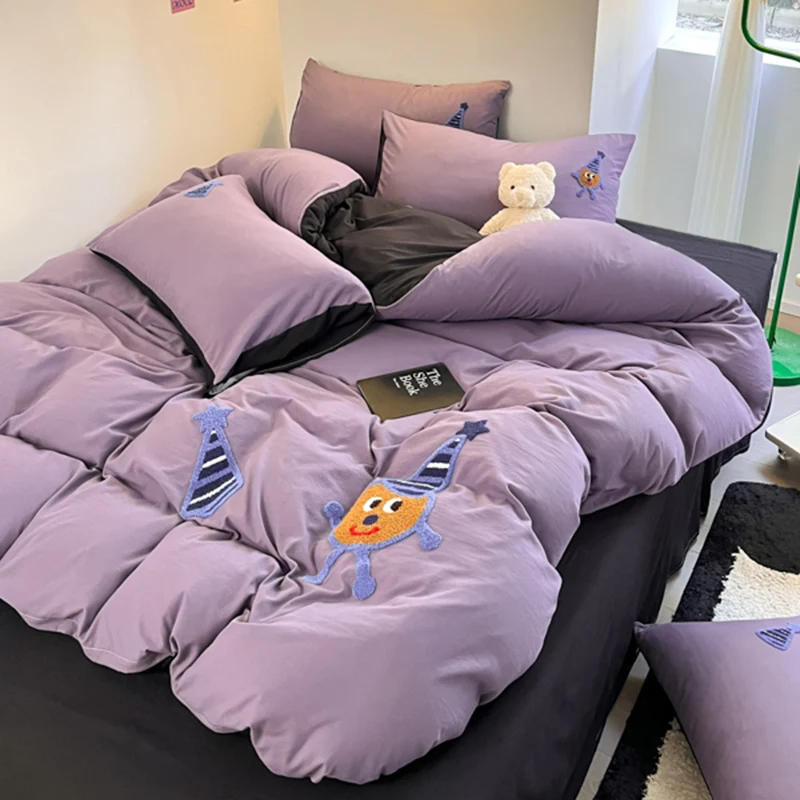 

Ins Purple Potato Cake Bedding Set Towel Embroidery Duvet Cover Queen Twin Full Size Bed Flat Sheet Quilt Cover Pillowcases