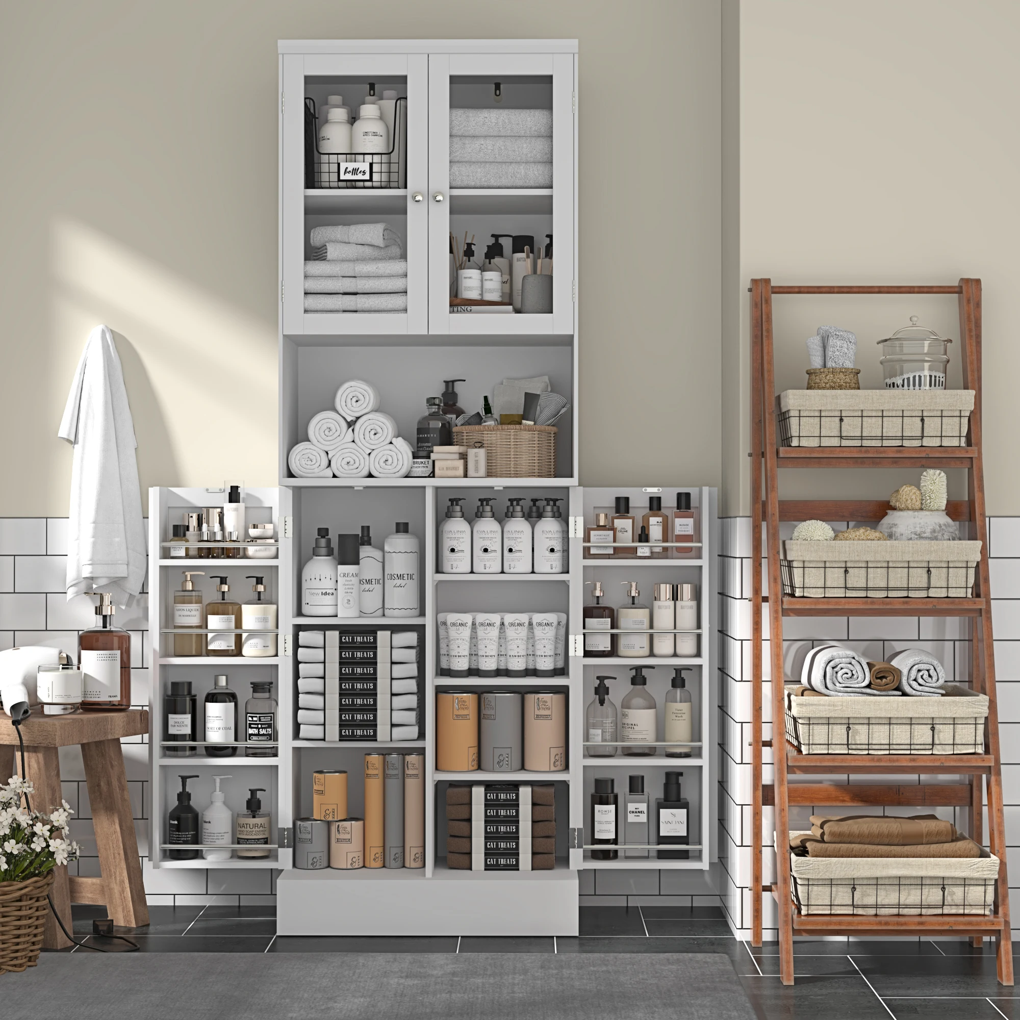 71&rdquo; Tall Freestanding Pantry Cabinet with Adjustable Shelves, Kitchen Pantry Storage Cabinet with Glass Doors & Microwave Stand