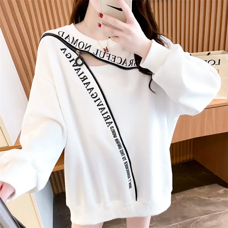 Letter Zipper Sexy Hollow Streetwear Harajuku Oversize Female Sweatshirt Autumn Fashion Casual Pullover Long Sleeve Top Clothing cakucool women shiny jacket silver sequins loose bomber jacket hooded zipper coat casual fashion sexy club jackets oversize