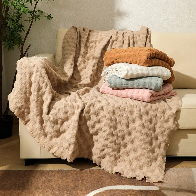 

Classic Knitted Waffle Throw Bubble Plaid Blanket with Tassel Sofa Blanket Lunch Break Blanket Bed Cover Bedspread Sofa Decor