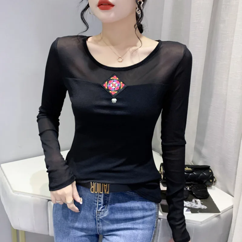 

Black Green Red Mesh T Shirt Women Vintage Embroidery Chinese Style Tight Short Elastic T Shirt Female Long Sleeve Sexy