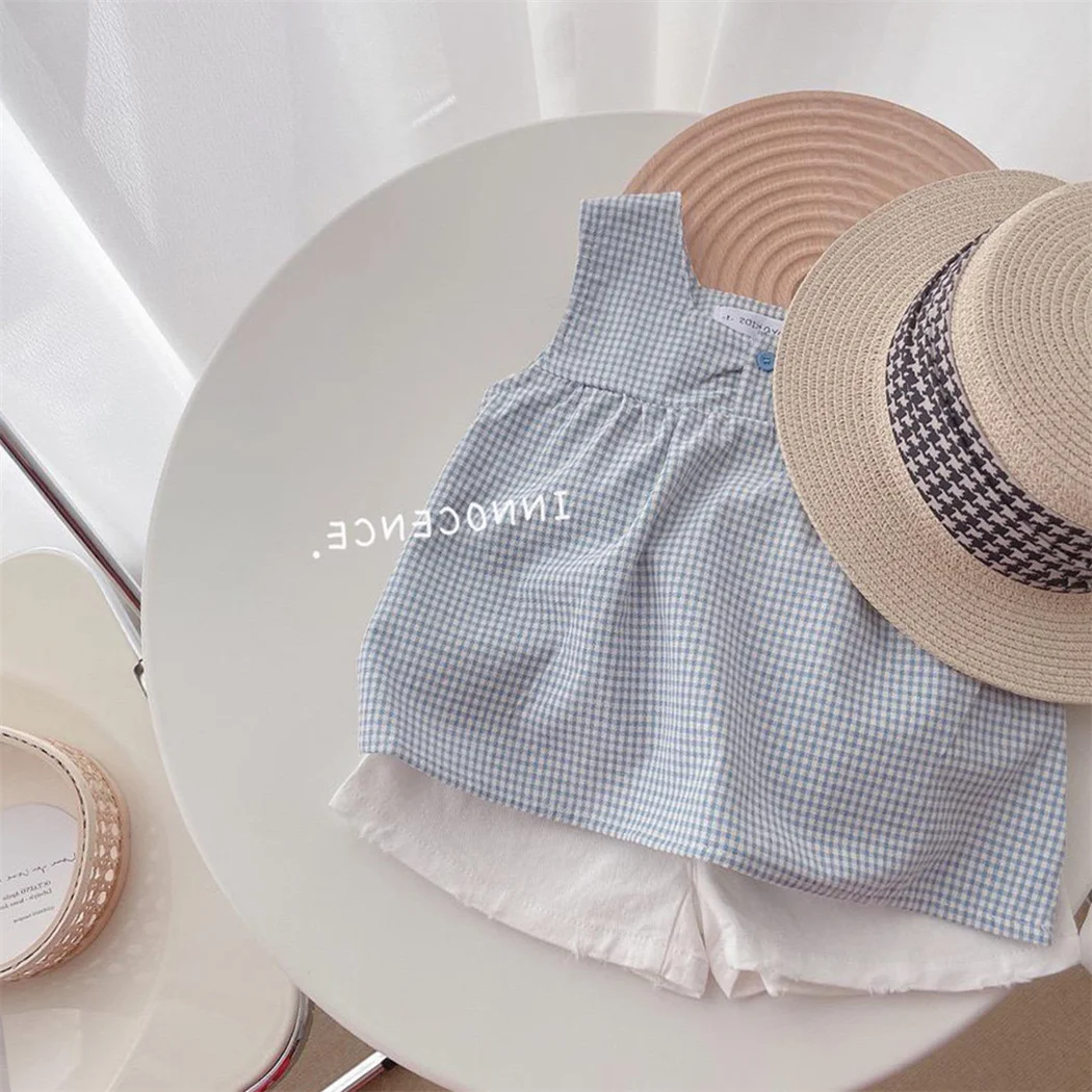 Soft Breathable Toddler Girls Summer Clothes Sleeveless Baby Casual Plaid T-Shirt Tops +Cotton Shorts Korean Kids Girls Clothing baby clothing set essentials