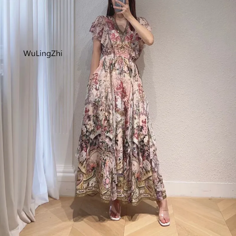 

Women Silk Long Dress Exotic Silk Fairy Long Dresses 2023 Summer Print Flare Sleeve Drawstring Slim Waist V-Neck New Arrive