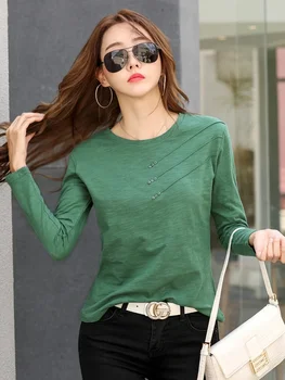 2025 كم طويل س الرقبة كوريا بلايز الخريف الشتاء المرأة مضلع القطن تي شيرت الإناث زر فضفاض عادية موضة تي شيرت 6