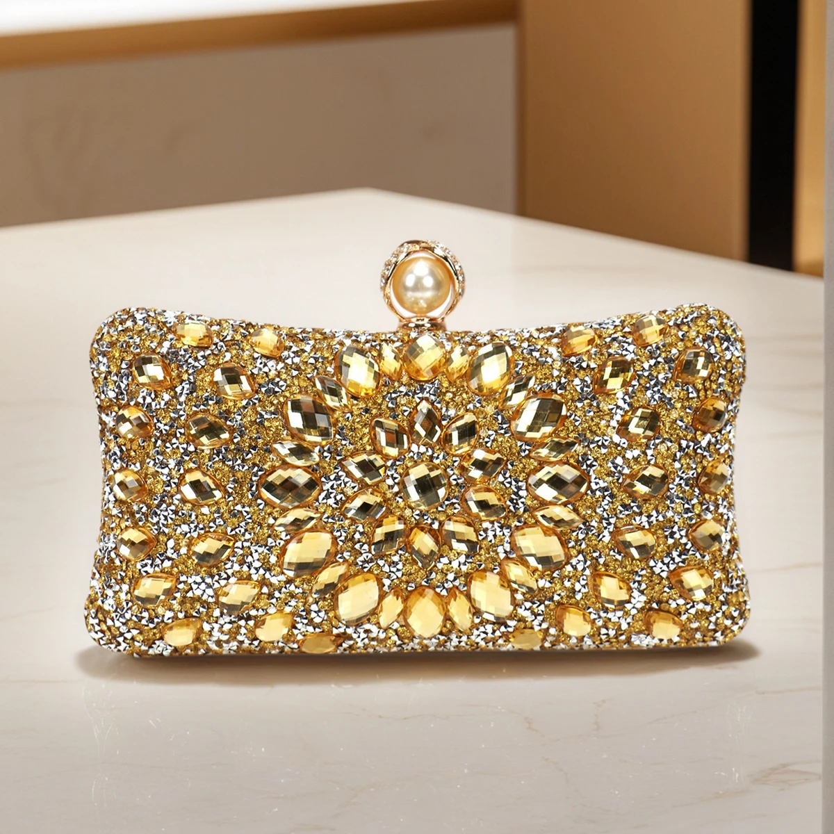 Golden Glitter Evening Bags for Women with Rhinestones and Acrylic Diamonds