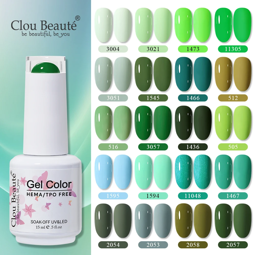 Clou Beaute 15 ml HEMA TPO FREE Gel-Nagellack, leuchtend dunkel, armeegrüner Gel-Lack, semi-permanente Kunst, Bio-Nagelgel-Lack