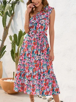 VigoCasey 2025 Summer Female Flower Print Long Dress Women Sexy Ruffle One-shoulder Dress Lady Casual Sleeveless Tight Dresses