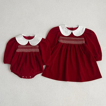 Infant Kids Baby Girls Long Sleeve Sweet Solid Color Sisters Dress Newborn Baby Girls Doll Collar Princess Clothes Rompers 1