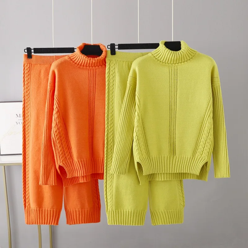 

Fashion Turtleneck Thicken Pullover Sweater 2 Piece Sets Women Outfit Knitted Wide-Leg Pants Winter Wearm New In Matching Sets
