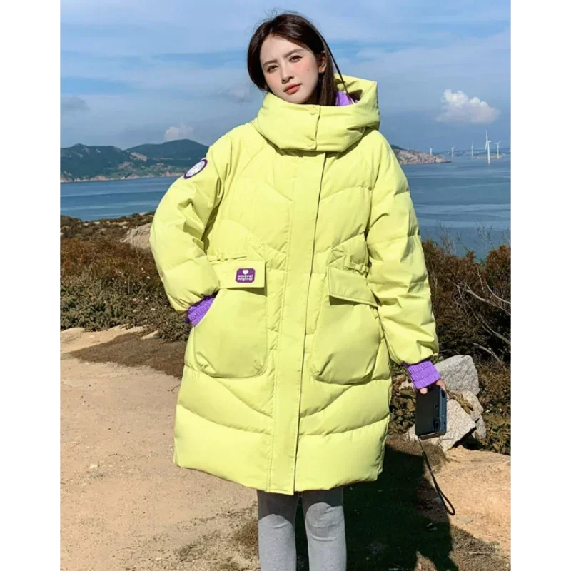 Macaron Color Down Jackets Hooded Women Husky Ladies Coats Mid-length 2023 Plus Size White Duck Loose Cargo Black Green Parkas