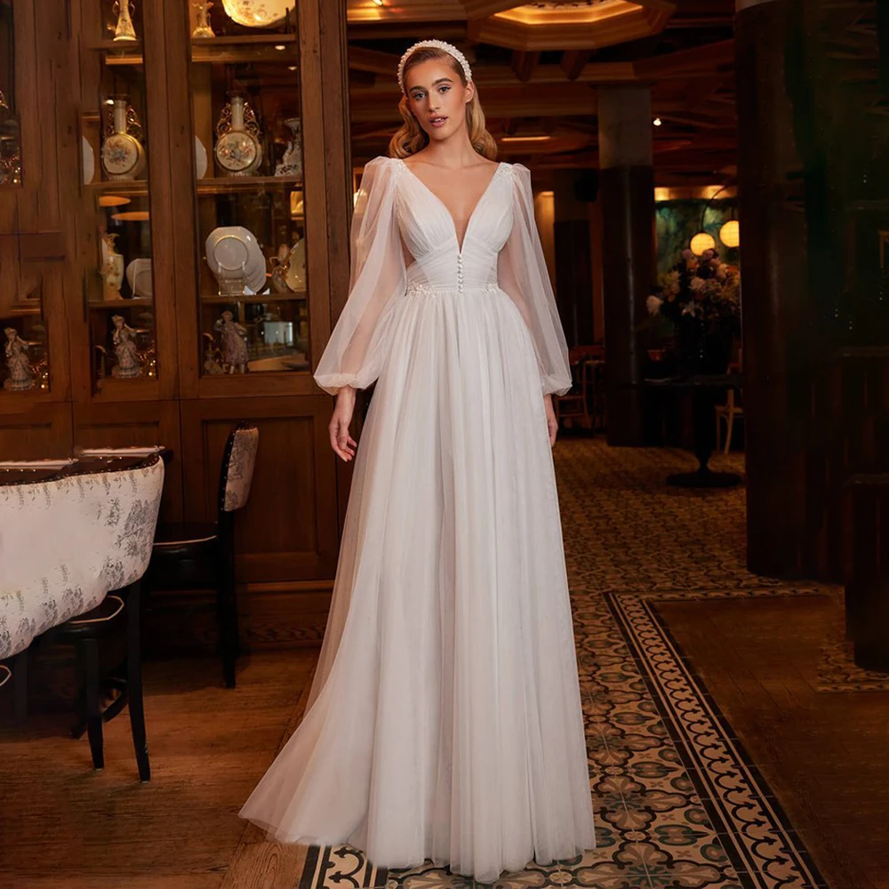 

V-neck See Through Puff Sleeves Wedding Dress Illusion A-line Appliques Wedding Gown Backless Court Bridal Gown vestidos de