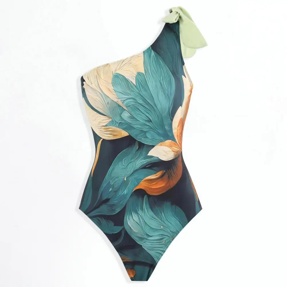 

Stretchy Fabric Swimsuit Floral Print Monokini Skirt with One Shoulder Lace-up Design Women's High Waist Ruffle for Beachwear
